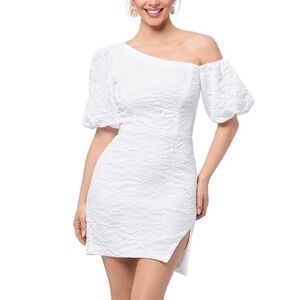 AQUA Brocade Mini Dress Ivory Asymmetric Puff Sleeve Bloomingdales Exclusive 16